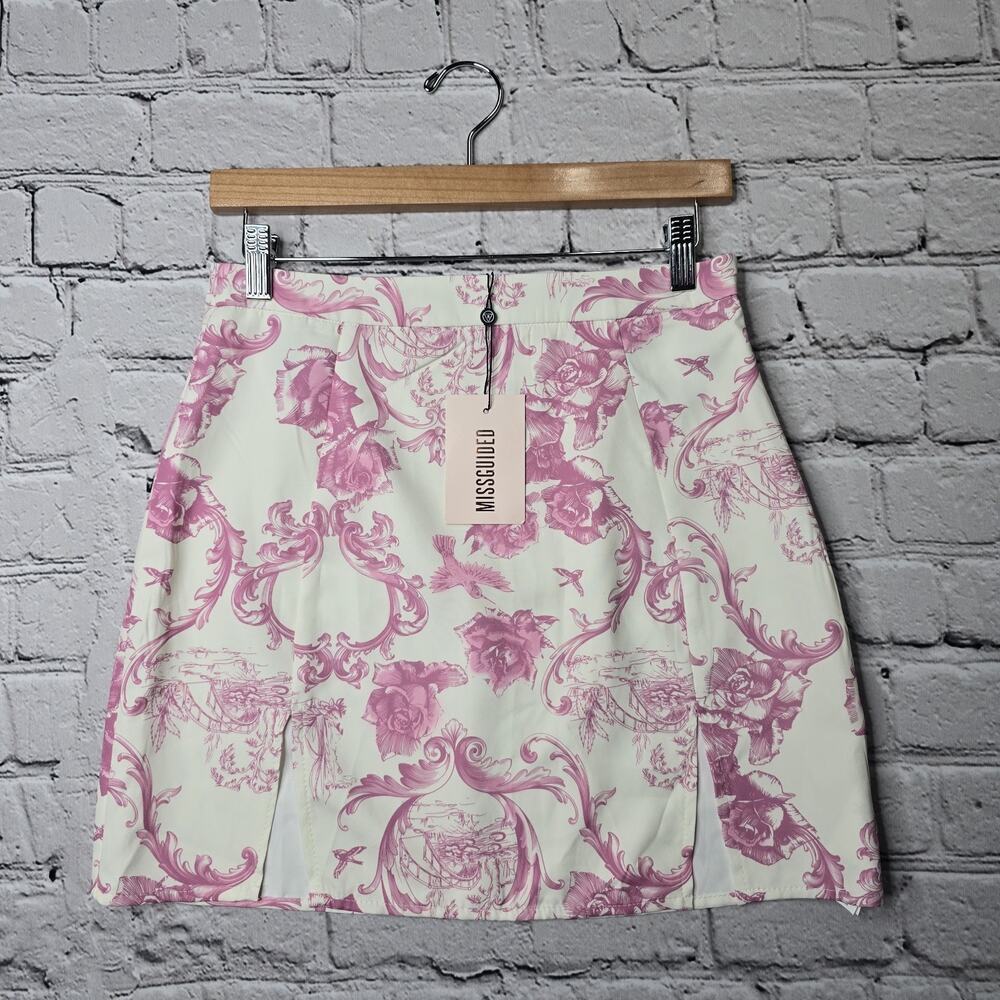 Missguided Tailored Mini Skirt Split‎ Hem Porcelain Print Pink Cream New Size 6